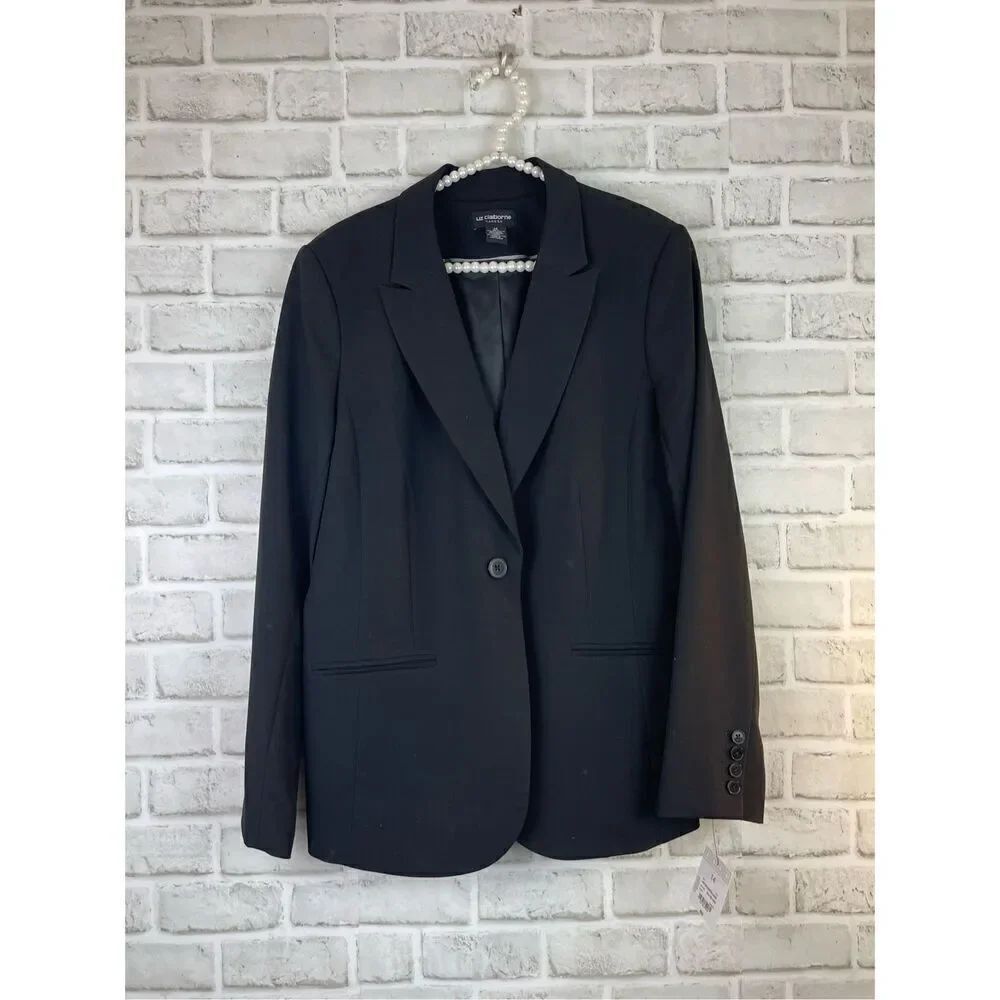 New Liz Claiborne Career Black Blazer One Button Size 14 Classic Staple Jacket